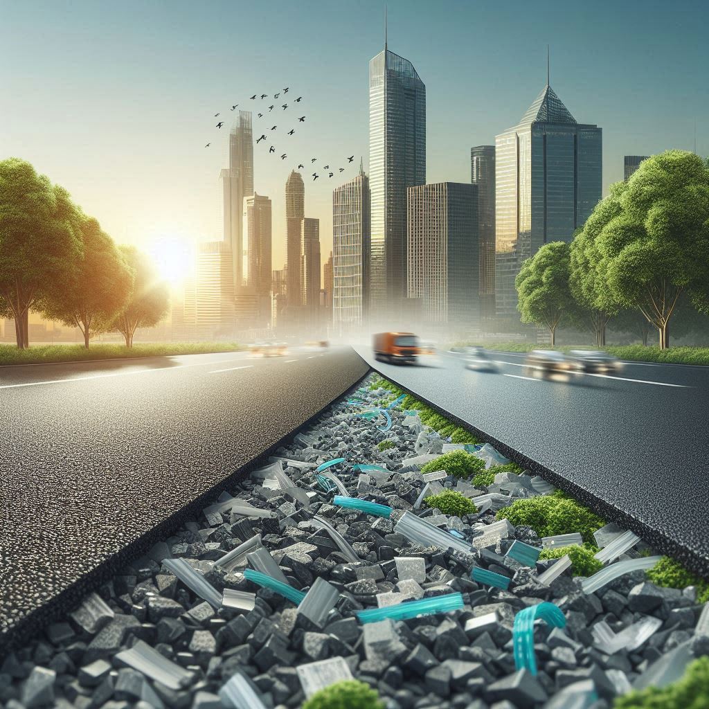 A Road paved with a mixture of Asphalt and small granules of Recycled Plastic © AI Illustration