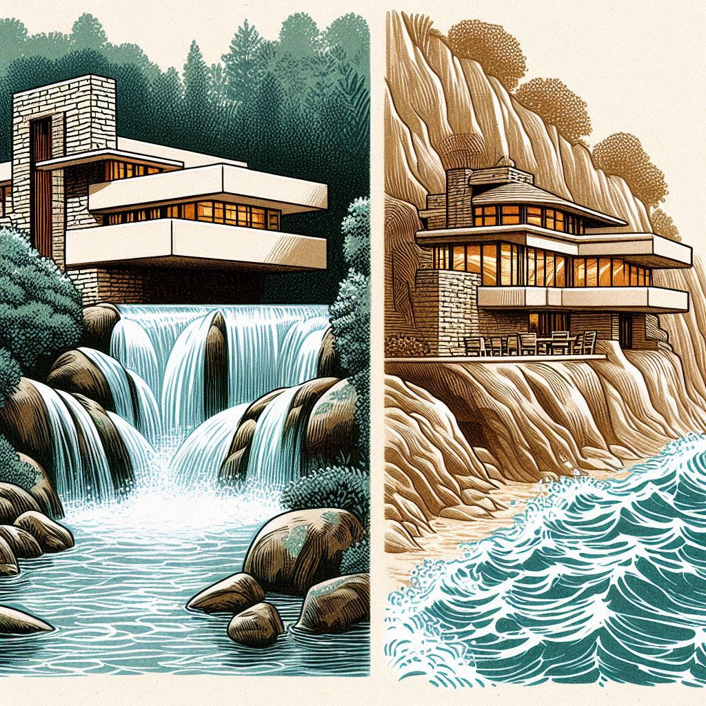 Iconic Water-embracing buildings Lloyd Wright's Fallingwater and Álvaro Siza Vieira's Boa Nova Tea House © AI Illustration