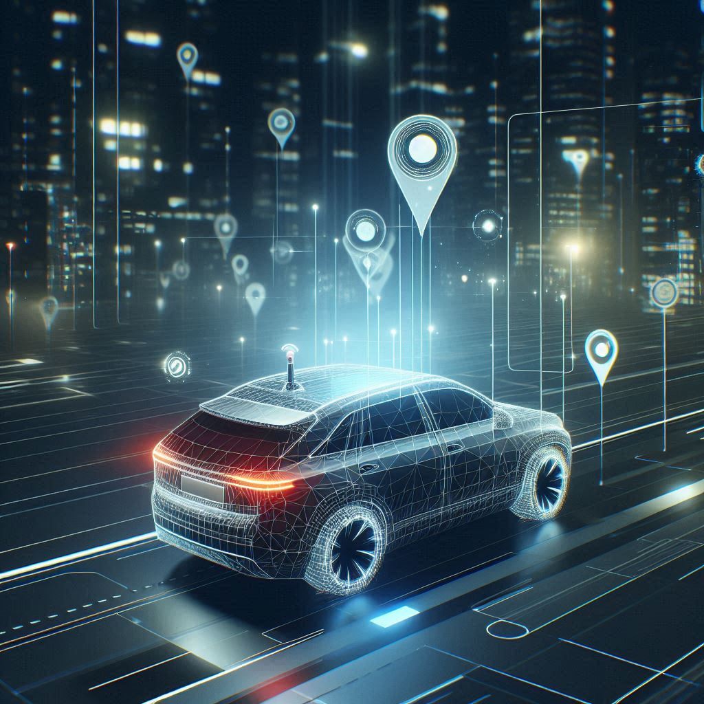 Self-Driving car navigating a cityscape, with real-time map updates © AI Illustration