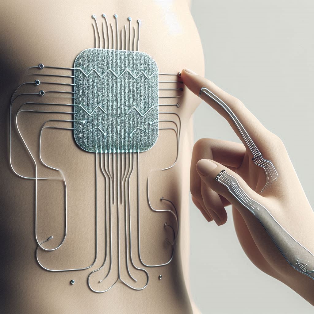 A Flexible Silver Nanowire Electrode Patch Adhered to Human Skin © AI Illustration