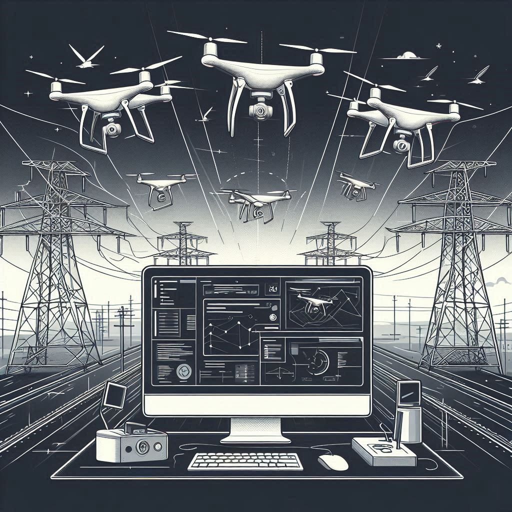 Multi-Drone system inspecting power lines © AI Illustration