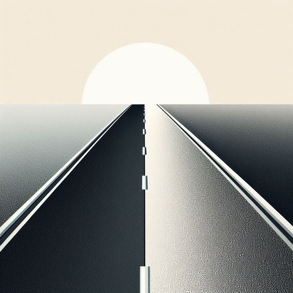 A Road Transitioning from Black Asphalt to Light-Colored © AI Illustration