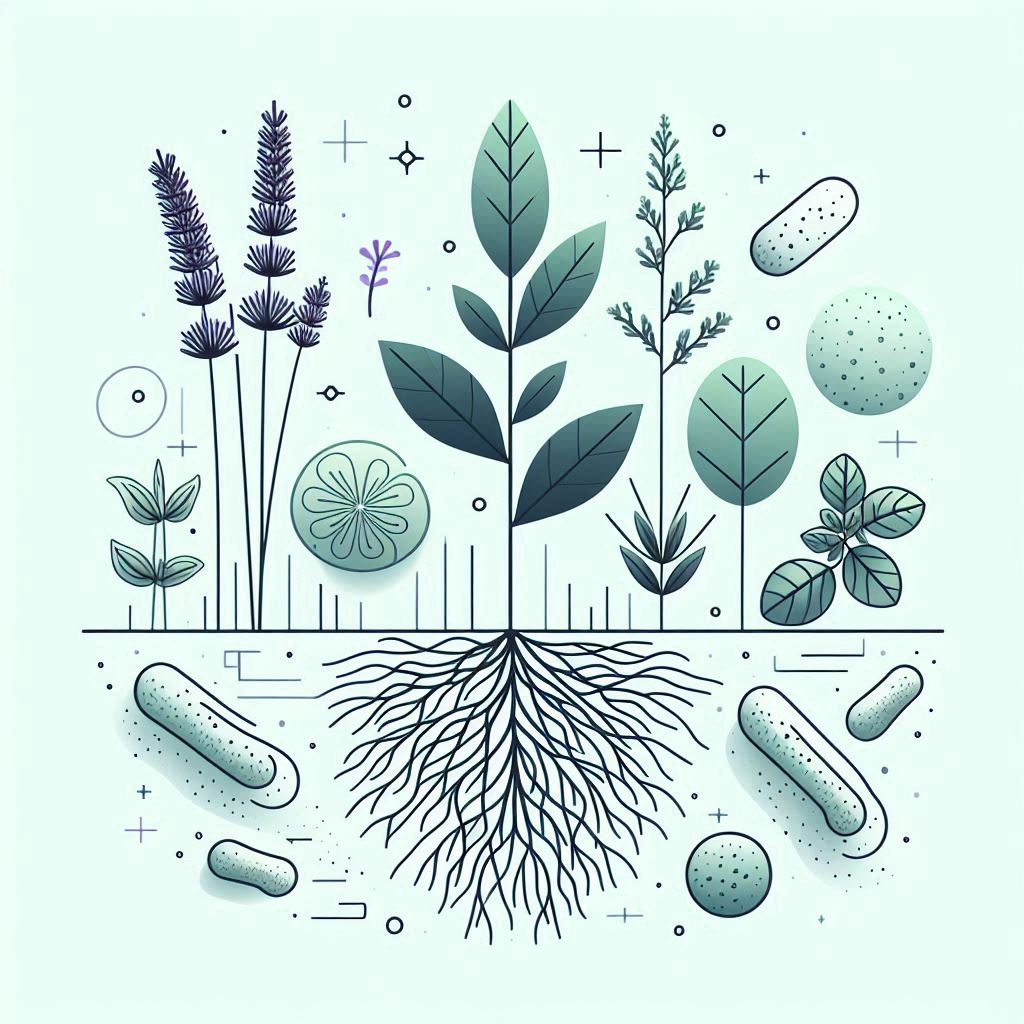 Actinobacteria Thriving in Soil Around Lavender, Lemon Balm, and Oregano Plants © AI Illustration