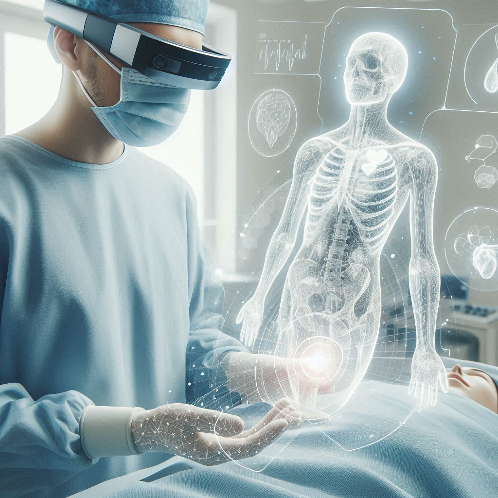 A Surgeon Wearing Augmented Reality Glasses in an Operating Room © AI Illustration