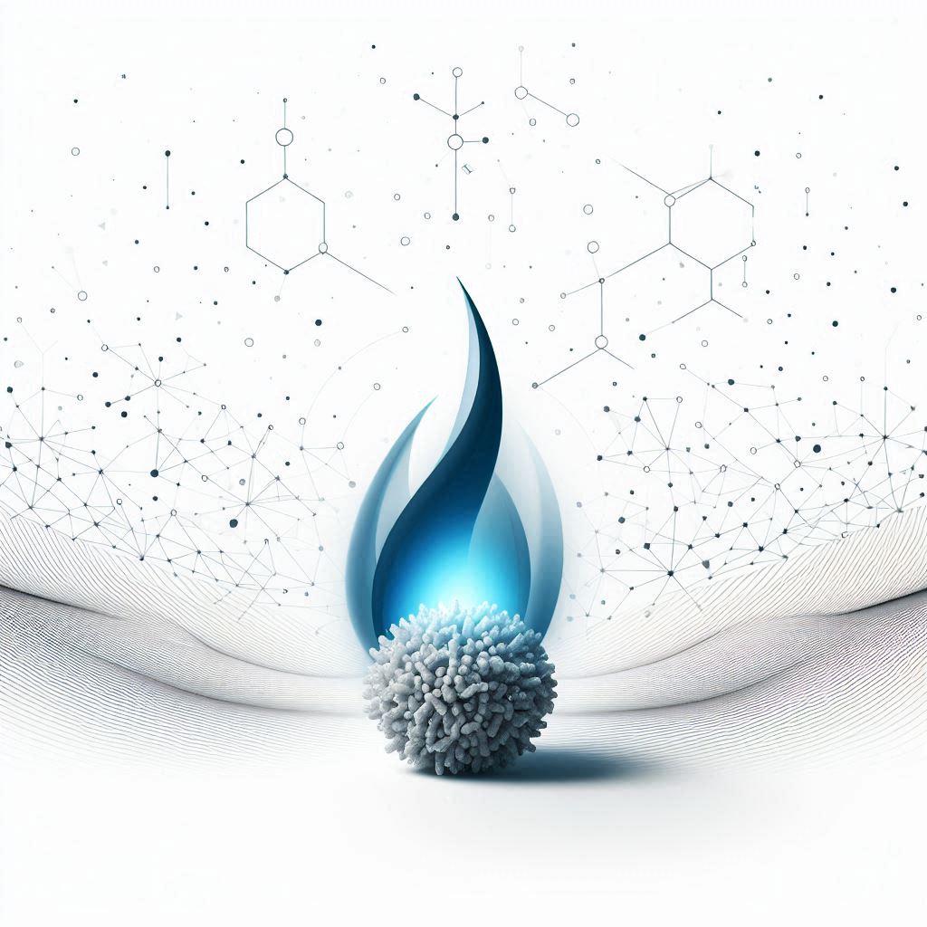 A Single Organic Waste Particle Transforming into a Glowing Blue Biogas Flame © AI Illustration