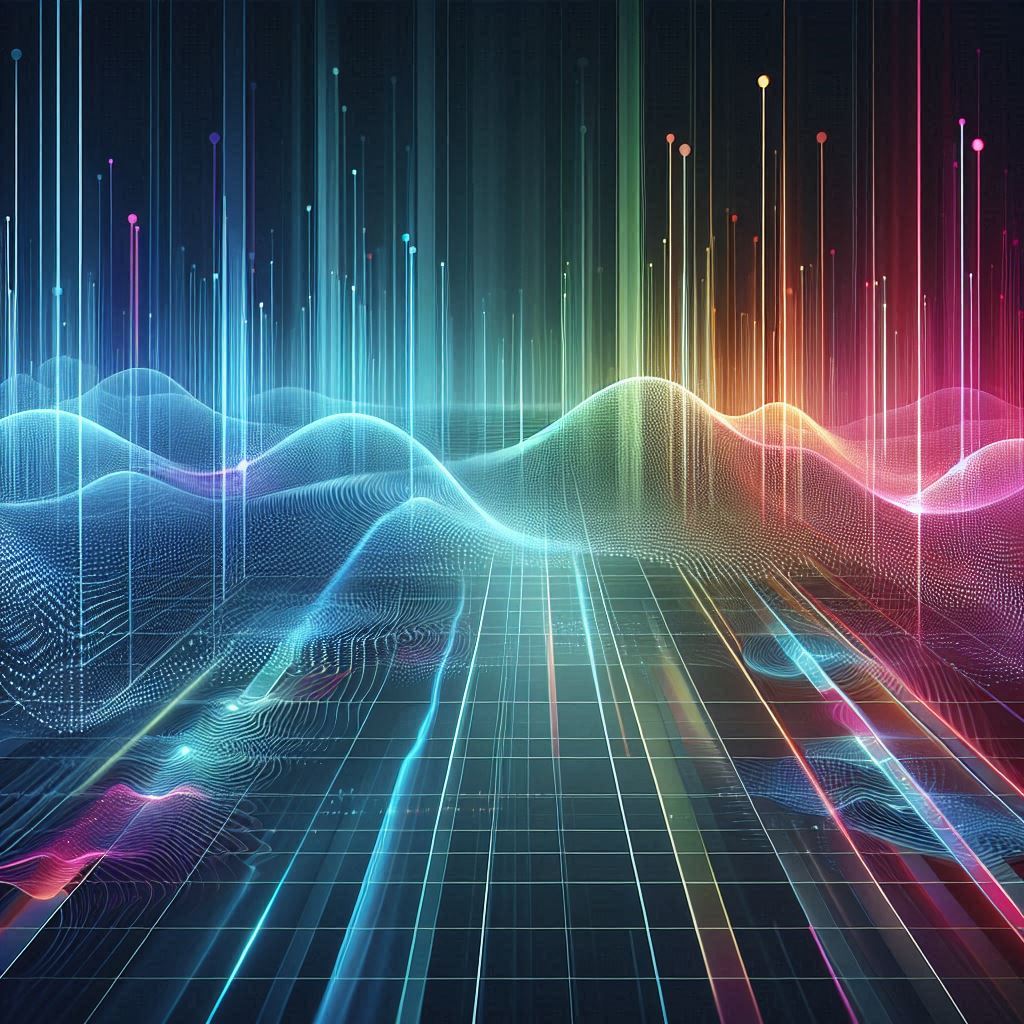 Colorful Spectrogram Patterns Flowing Seamlessly into a Futuristic Network Grid © AI Illustration