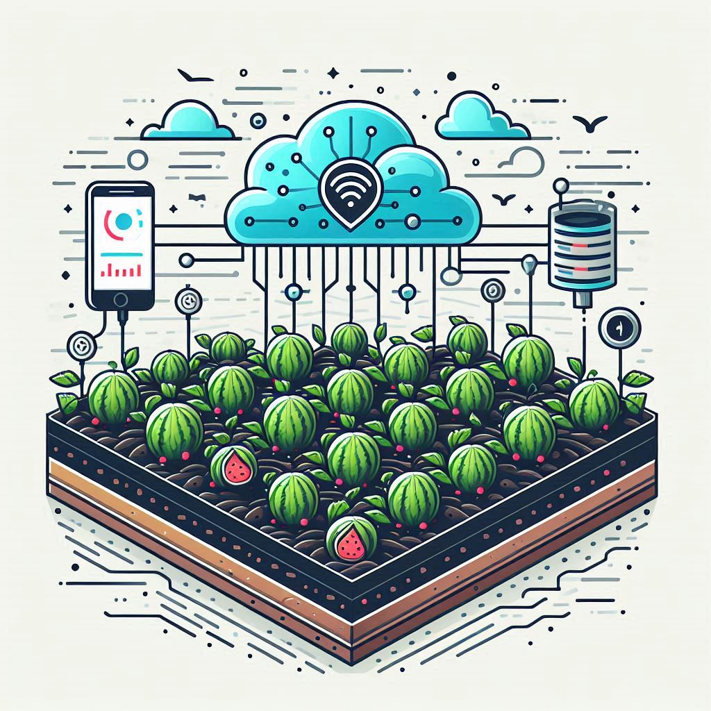 A Watermelon Field with IoT Devices and Sensors © AI Illustration