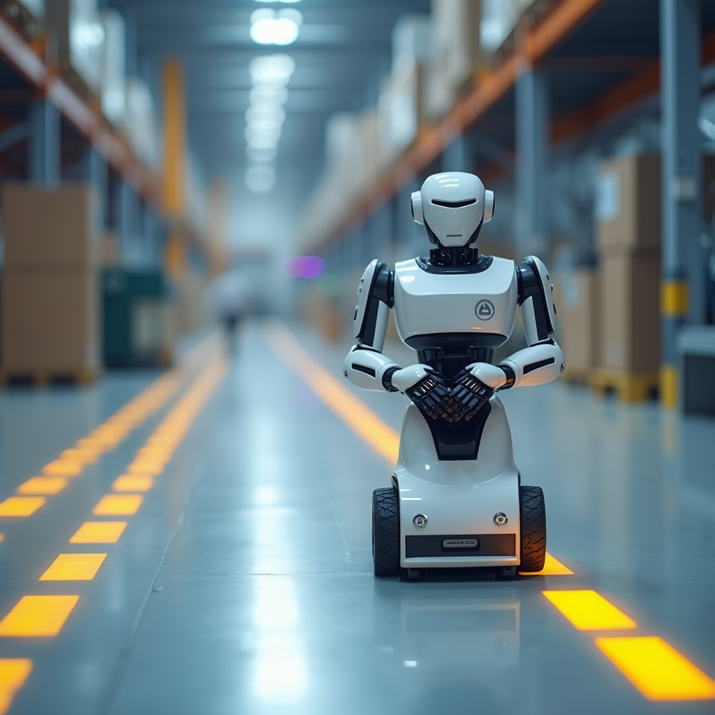 A Modern Autonomous Robot Navigating a Factory Floor © AI Illustration