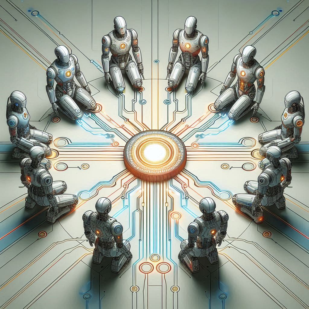 Robots Working Together Symbolising Collaboration © AI Illustration