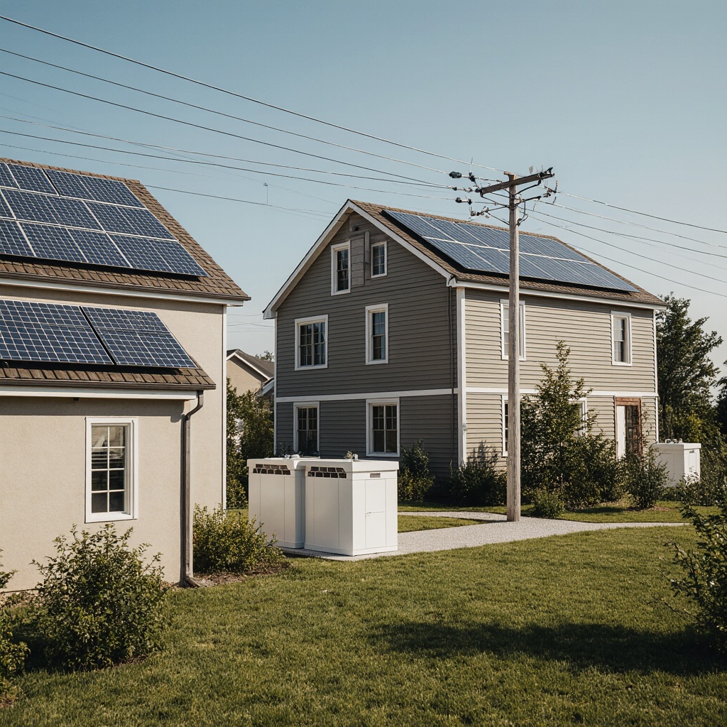 Two Houses Connected to Power Grid © AI Illustration