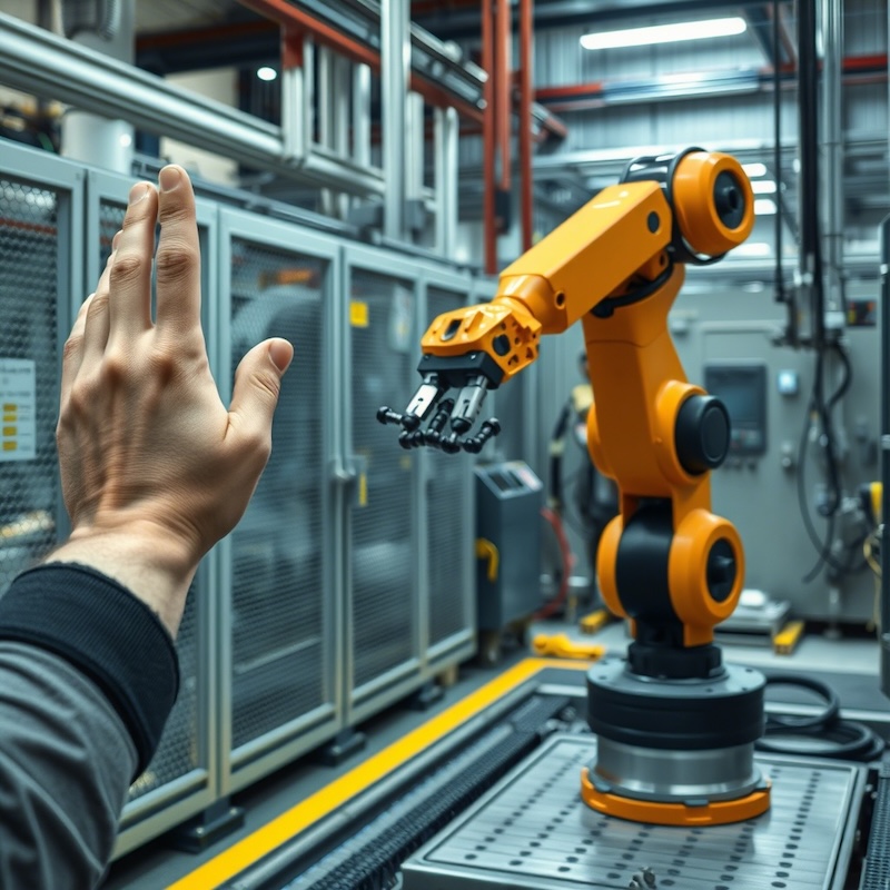 A Human Hand Wearing An Armband Controlling A Robotic Arm © AI Illustration