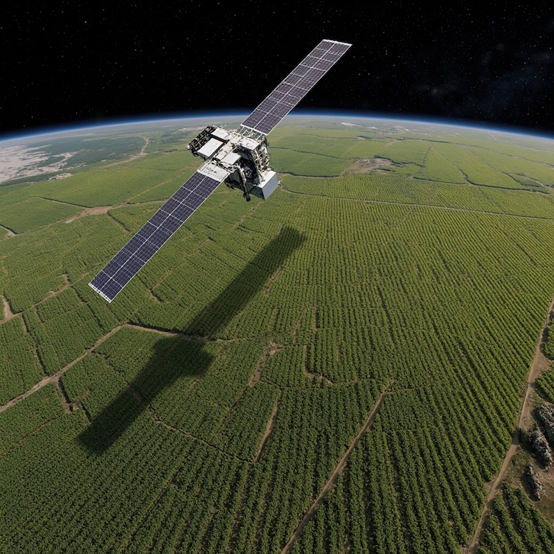 A Satellite Hovering Above An Agricultural Field © AI Illustration