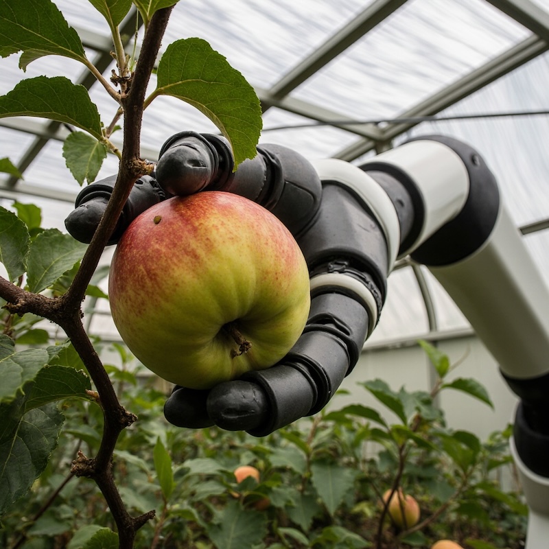 Robotic Arm Gently Picking An Apple ยฉ AI Illustration