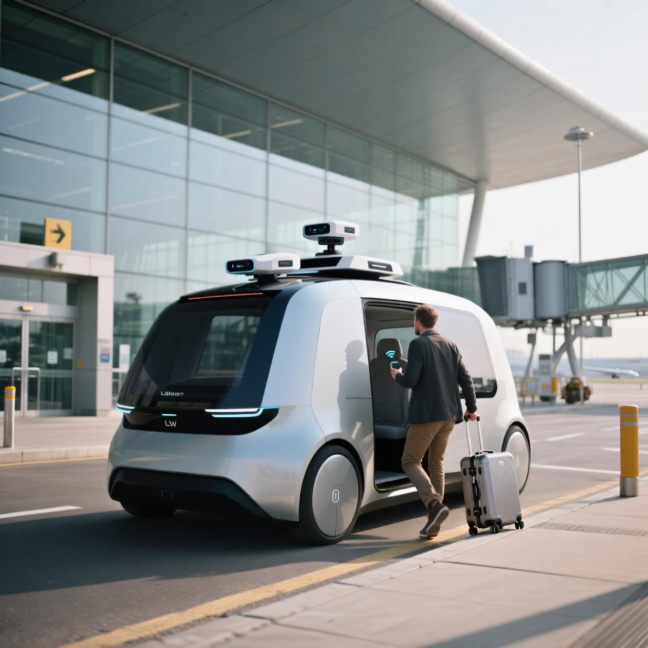 A Passenger Entering a Connected and Autonomous Vehicle in an Airport Terminal © AI Illustration