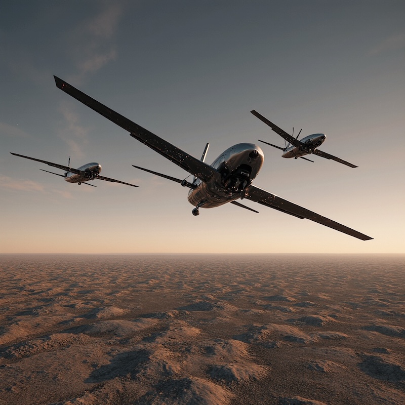 Three Unmanned Aerial Vehicles (UAVs) Flying in Formation © AI Illustration