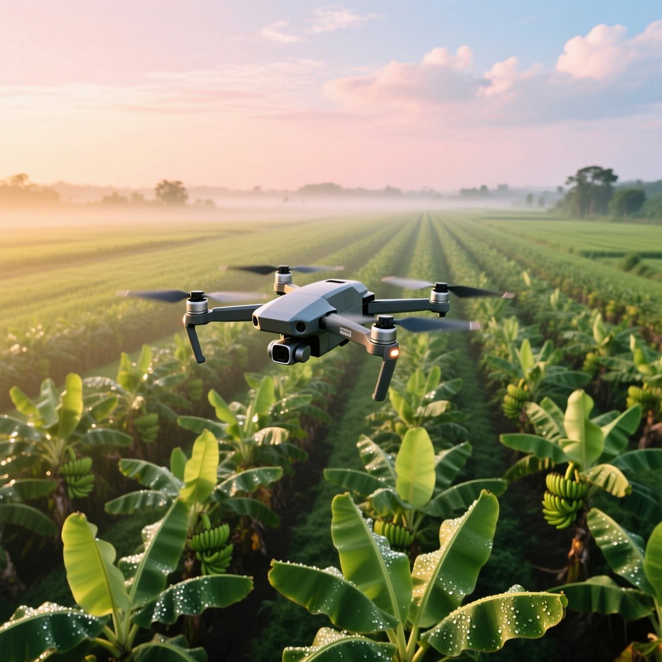 A Drone Flying Over a Banana Field for Plant Disease Detection © AI Illustration
