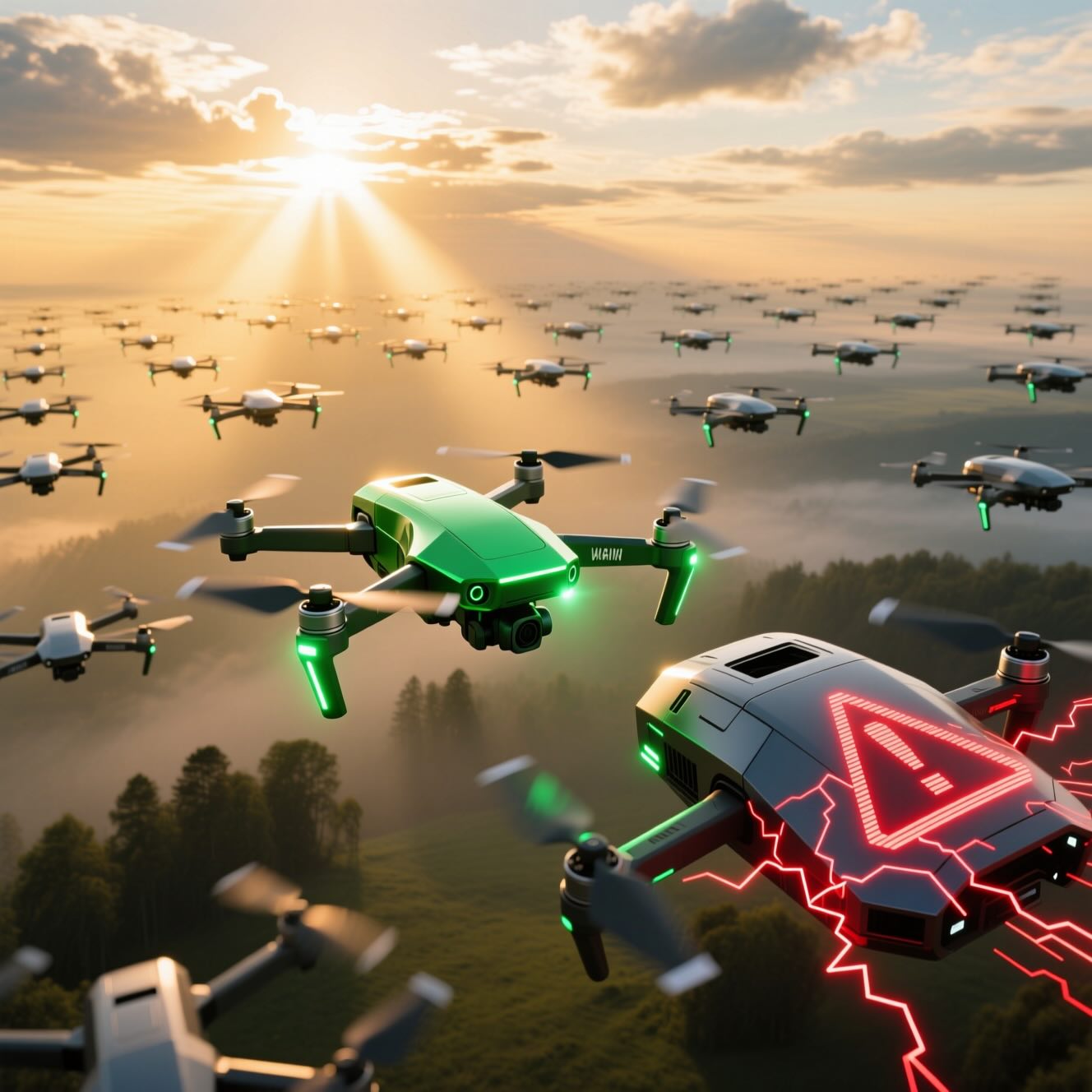Cyber Attack on Drone Swarms © AI Illustration