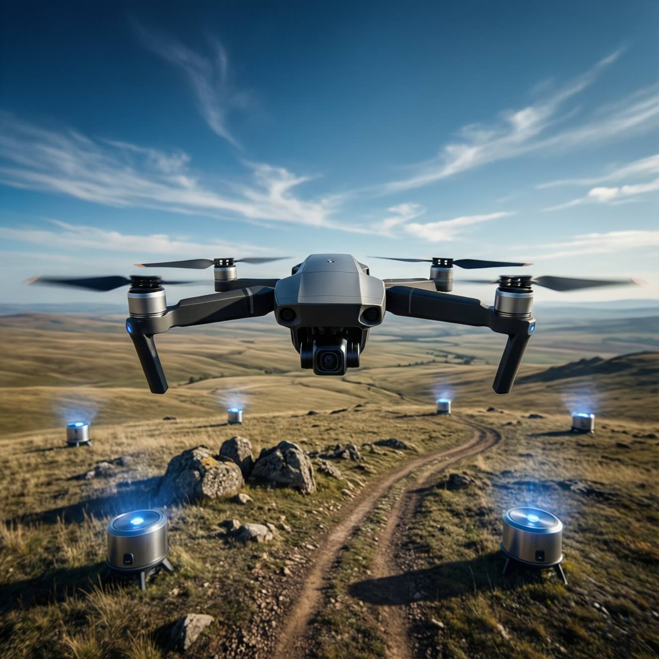 An Unmanned Aerial Vehicle Hovering Above a Few Ground Sensors &copy; AI Illustration